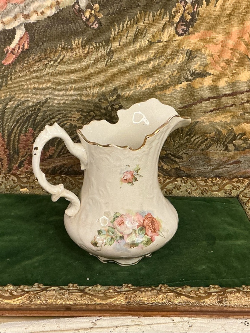 Vintage Floral Ceramic Pitcher with Gold Trim